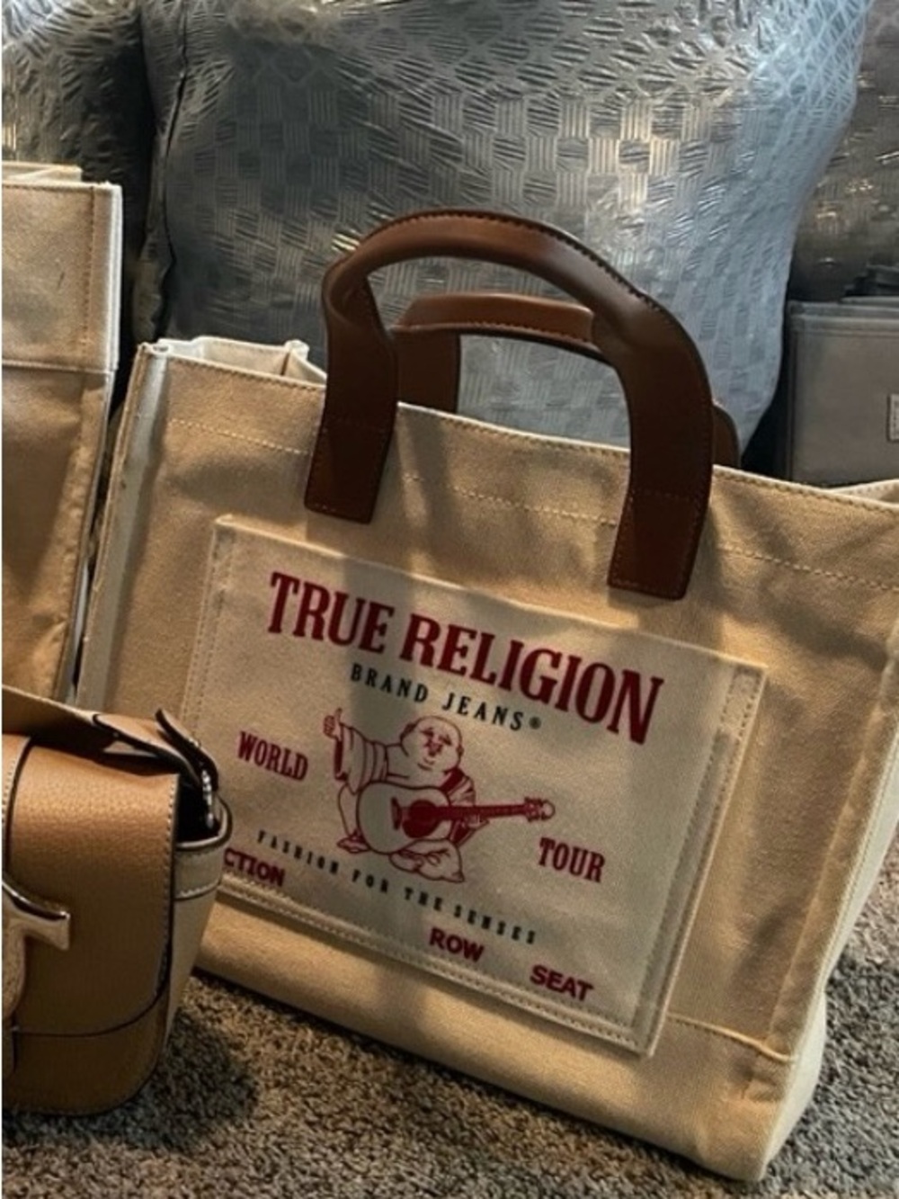 Medium True Religion Canvas Tote Bag in Beige with Brown Handles